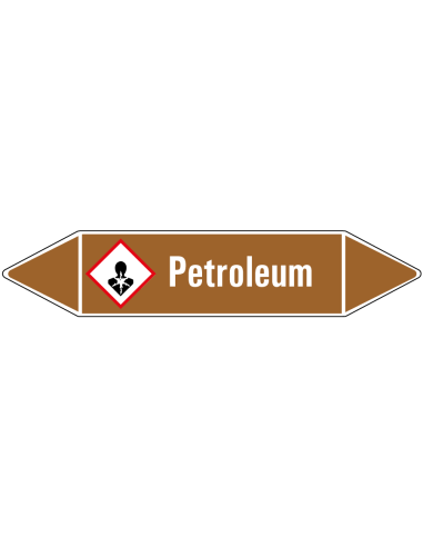 Petroleum leidingmarkering op vel, bruin wit, Nederlandse tekst petroleum, GHS08 pictogram