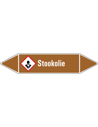 Stookolie leidingmarkering op vel, bruin wit, Nederlandse tekst stookolie, GHS08 pictogram