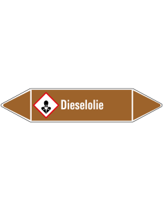 Dieselolie leidingmarkering op vel, bruin wit, Nederlandse tekst dieselolie, GHS08 pictogram