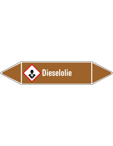 Dieselolie leidingmarkering op vel, bruin wit, Nederlandse tekst dieselolie, GHS08 pictogram