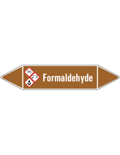 Formaldehyde leidingmarkering op vel, bruin wit, Nederlandse tekst formaldehyde, GHS05, GHS06 en  GHS08 pictogram