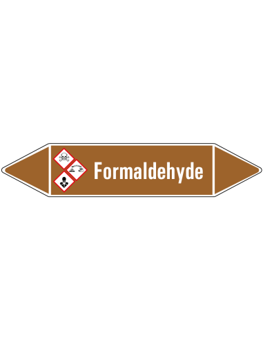 Formaldehyde leidingmarkering op vel, bruin wit, Nederlandse tekst formaldehyde, GHS05, GHS06 en  GHS08 pictogram