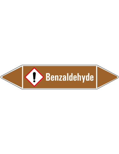 Benzaldehyde leidingmarkering op vel, bruin wit, Nederlandse tekst benzaldehyde, GHS07 pictogram