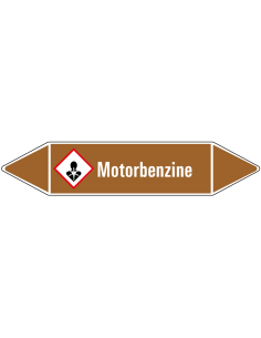 Motorbenzine leidingmarkering op vel, bruin wit, Nederlandse tekst motorbenzine, GHS08 pictogram