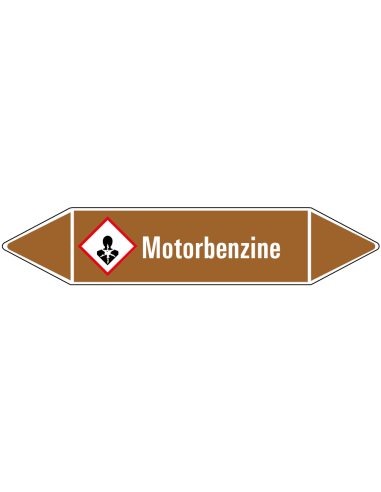 Motorbenzine leidingmarkering op vel, bruin wit, Nederlandse tekst motorbenzine, GHS08 pictogram