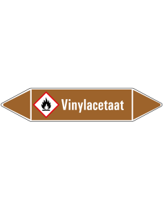 Vinylacetaat leidingmarkering op vel, bruin wit, Nederlandse tekst vinylacetaat, GHS02 pictogram