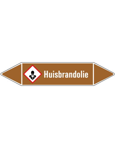 Huisbrandolie leidingmarkering op vel, bruin wit, Nederlandse tekst huisbrandolie , GHS08 pictogram