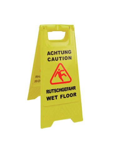 Caution wet floor bord, meertalig, Duits en Engels, inklapbaar