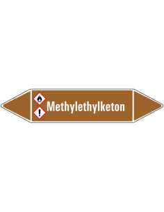 Methylethylketon leidingmarkering op vel, bruin wit, Nederlandse tekst methylethylketon, GHS02 en GHS07 pictogram
