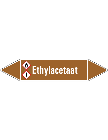 Ethylacetaat leidingmarkering op vel, bruin wit, Nederlandse tekst ethylacetaat, GHS02 en GHS07 pictogram