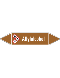 Allyalcohol leidingmarkering op vel, bruin wit, Nederlandse tekst allyalcohol , GHS02, GHS06 en  GHS08 pictogram