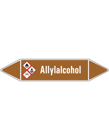 Allyalcohol leidingmarkering op vel, bruin wit, Nederlandse tekst allyalcohol , GHS02, GHS06 en  GHS08 pictogram