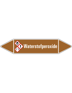 Waterstofperoxide leidingmarkering op vel, bruin wit, Nederlandse tekst waterstofperoxide, GHS02, GHS05 en  GHS07 pictogram