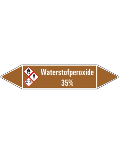 Waterstofperoxide leidingmarkering op vel, bruin wit, Nederlandse tekst waterstofperoxide, GHS02, GHS05 en  GHS07 pictogram