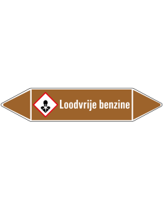 Loodvrije benzine leidingmarkering op vel, bruin wit, Nederlandse tekst loodvrije benzine, GHS08 pictogram