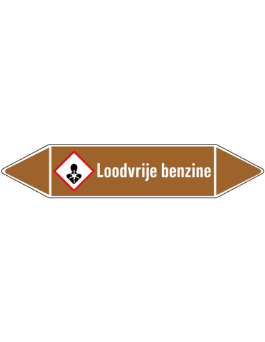 Loodvrije benzine leidingmarkering op vel, bruin wit, Nederlandse tekst loodvrije benzine, GHS08 pictogram