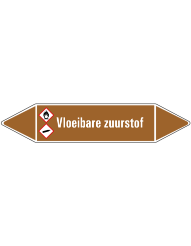 Vloeibare zuurstof leidingmarkering op vel, bruin wit, Nederlandse tekst vloeibare zuurstof, GHS02 en GHS04 pictogram
