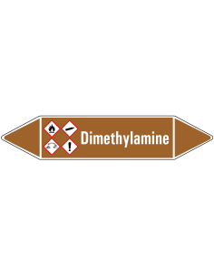 Dimethylamine leidingmarkering op vel, bruin wit, Nederlandse tekst dimethylamine, GHS02, GHS04, GHS05 en GHS07 pictogram