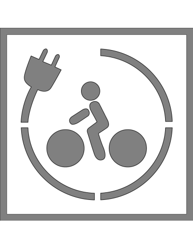 Spuitsjabloon oplaadpunt elektrische fiets - dibond, vierkant, wit, stekker met fietser