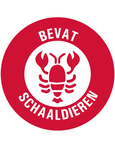 Bevat schaaldieren sticker op rol, 25 meter, rood wit, rond, met kreeft pictogram