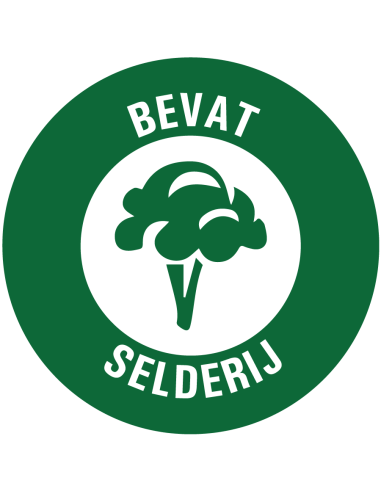 Bevat selderij allergenen sticker op rol, 25 meter, groen wit, rond, met selderij pictogram