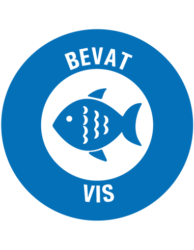 Bevat vis allergenen sticker op rol, 25 meter, blauw wit, rond, met vis pictogram