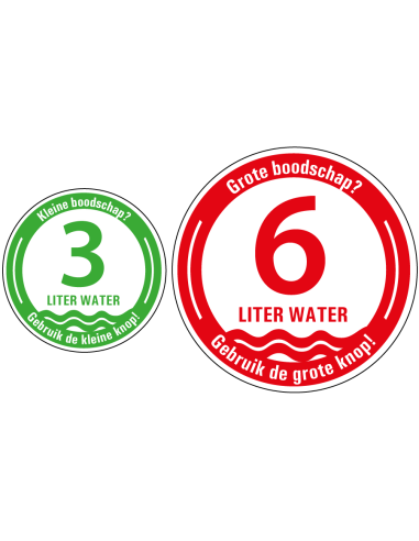 WC sticker water besparen met kleine knop - 2 per vel - rood groen - 3 of 6 liter