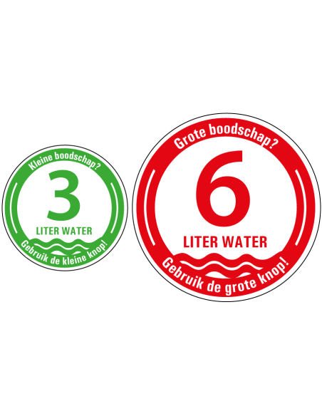 WC sticker water besparen met kleine knop - 2 per vel - rood groen - 3 of 6 liter