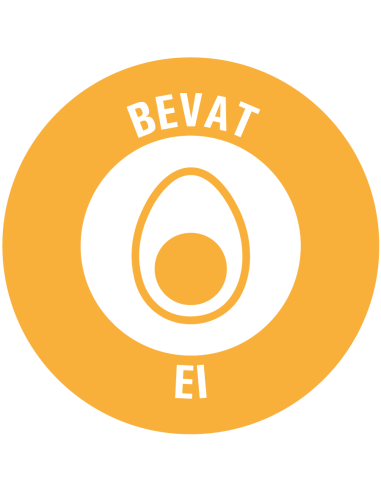 Bevat ei allergenen sticker op rol, 25 meter, geel wit, rond, met ei pictogram