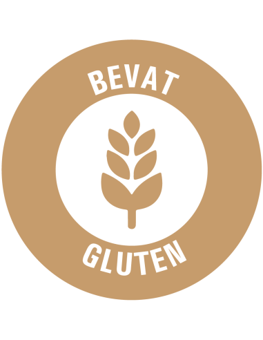 Bevat gluten allergenen sticker op rol,  25 meter, beige wit, rond, met graan pictogram