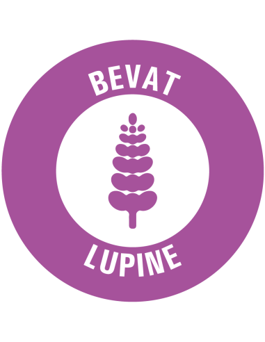 Bevat lupine allergenen sticker op rol,  25 meter, paars wit, rond, met peulvrucht pictogram