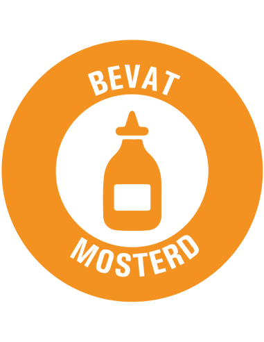 Bevat mosterd allergenen sticker op rol,  25 meter, oranje wit, rond, met mosterdfles pictogram