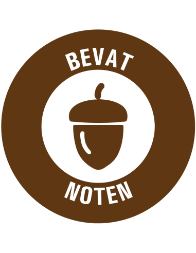 Bevat noten allergenen sticker op rol,  25 meter, bruin wit, rond, met eikel pictogram