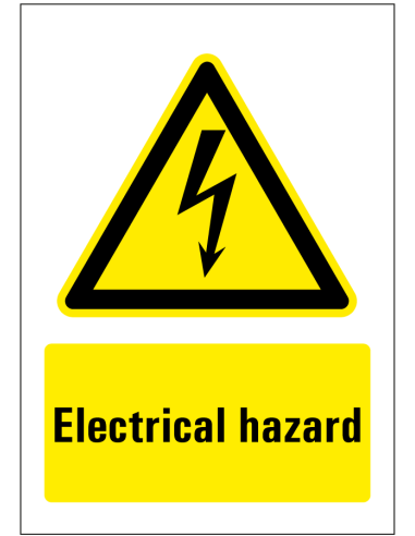 Danger electrical hazard bord - geel zwart - rechthoekig - symbool elektrische spanning met Engelse tekst