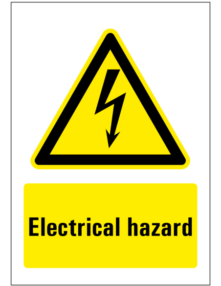 Danger electrical hazard bord - geel zwart - rechthoekig - symbool elektrische spanning met Engelse tekst
