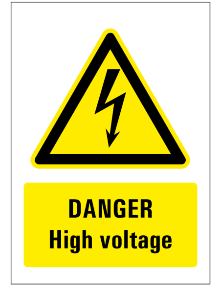 Danger high voltage bord - geel zwart - rechthoekig - symbool elektriciteit met Engelse tekst