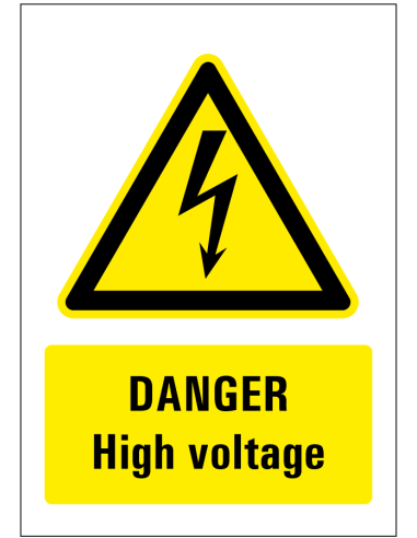 Danger high voltage sticker - geel zwart - rechthoekig - symbool elektriciteit met Engelse tekst