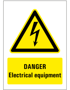 Danger electrical equipment sticker - geel zwart - rechthoekig - symbool elektrische spanning met Engelse tekst