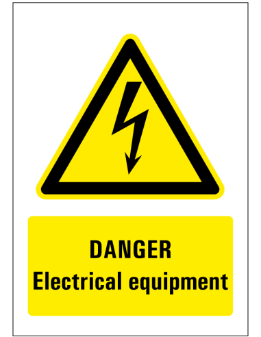Danger electrical equipment sticker - geel zwart - rechthoekig - symbool elektrische spanning met Engelse tekst