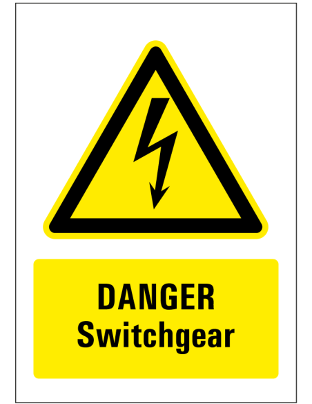 Danger switchgear bord - geel zwart - rechthoekig - symbool elektriciteit met Engelse tekst