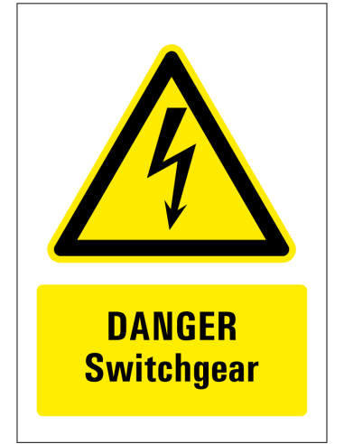 Danger switchgear sticker - geel zwart - rechthoekig - symbool elektriciteit met Engelse tekst