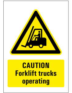 Caution fork lifts operating sticker - geel zwart - rechthoekig - symbool heftruck met Engelse tekst