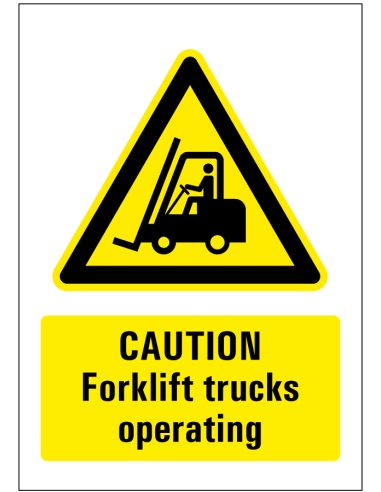 Caution fork lifts operating bord - geel zwart - rechthoekig - symbool heftruck met Engelse tekst