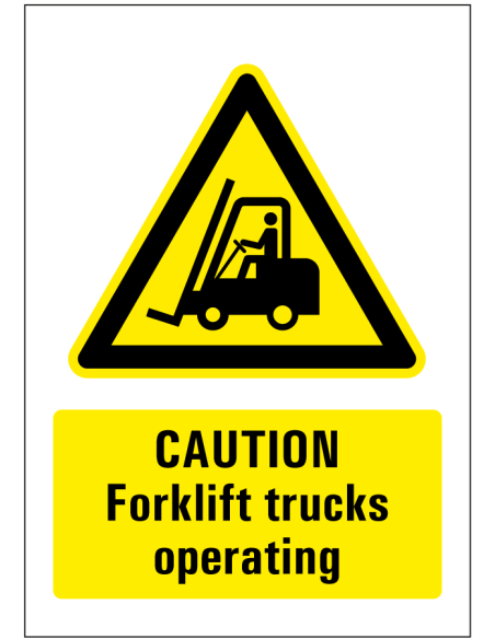 Caution fork lifts operating bord - geel zwart - rechthoekig - symbool heftruck met Engelse tekst