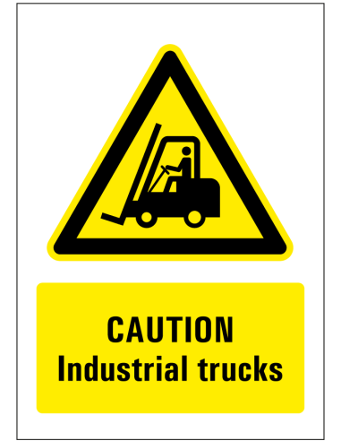 Caution industrial trucks sticker - geel zwart - rechthoekig - symbool heftruck met Engelse tekst
