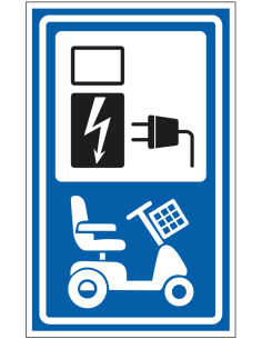 Opladen elektrische scootmobielen sticker - blauw wit- rechthoekig - symbool oplaadpunt met scootmobiel