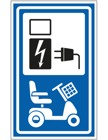 Opladen elektrische scootmobielen sticker - blauw wit- rechthoekig - symbool oplaadpunt met scootmobiel