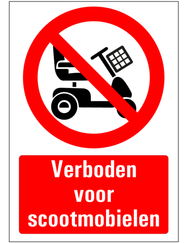 Verboden voor scootmobielen sticker - rood wit - kunststof - symbool scootmobiel met Nederlandse tekst