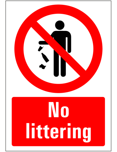 No littering sticker - rood wit - rechthoekig - symbool persoon gooit iets weg met Engelse tekst