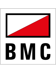 BMC sticker - rood wit zwart - vierkant - tekst BMC brandmeldcentrale met symbool